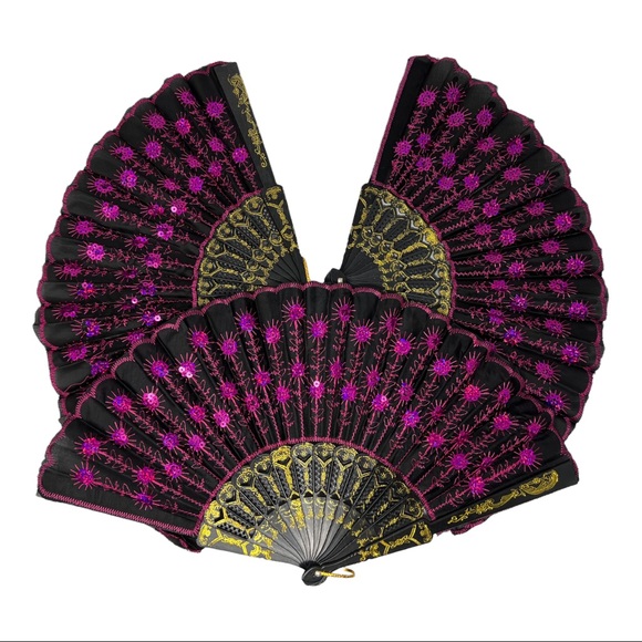 unbranded Other - 12 Fabric Folding Handheld Fans Pink Sequins party Bridals US Seller
